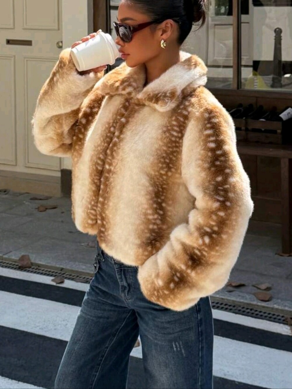 Women's Faux Fur Deer Print Coat, Suitable For Winter Skiing, Street - Picture 5 of 7